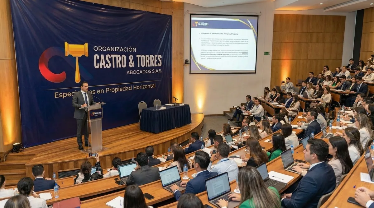 Seminario legal sobre propiedad horizontal en auditorio con asistentes profesionales